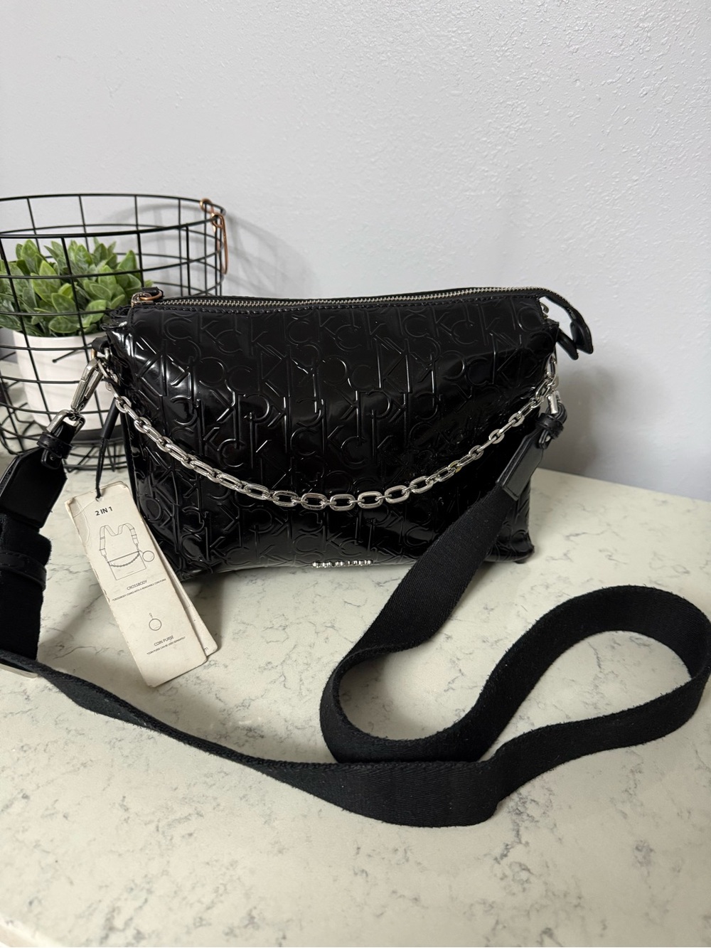 Calvin Klein Black Patent Logo Convertible Crossbody Shoulder Bag